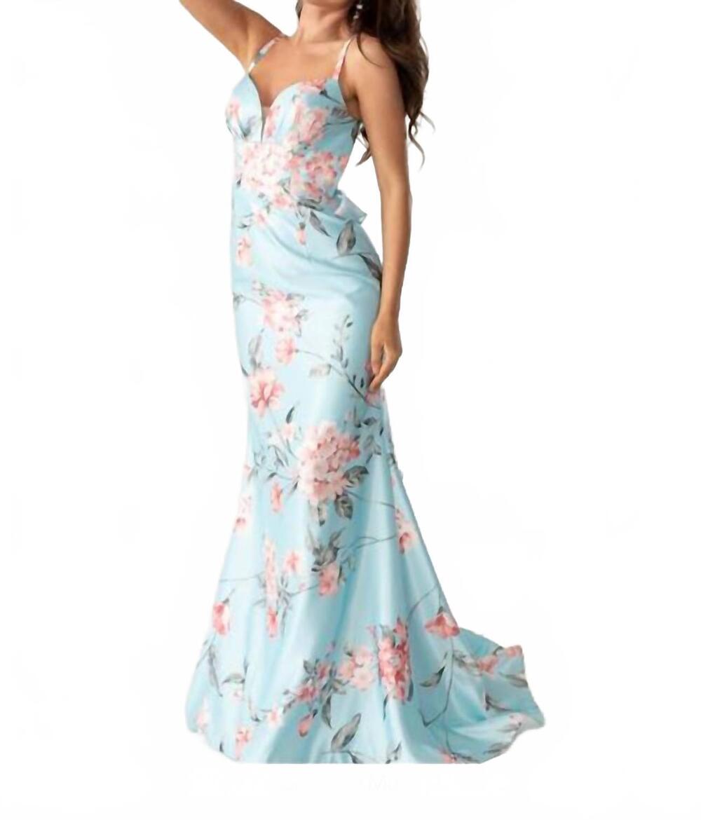 NEW RACHEL ALLAN floral print fitted ruffled gown in sky blue multi